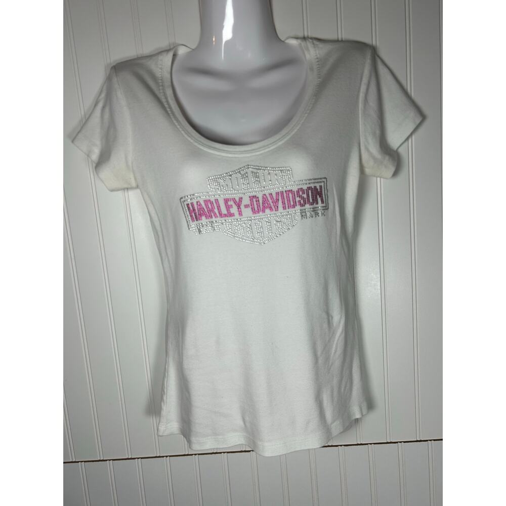 Harley Davidson white T-shirt with Pink & silver stud Logo Orwigsburg, PA Sz M